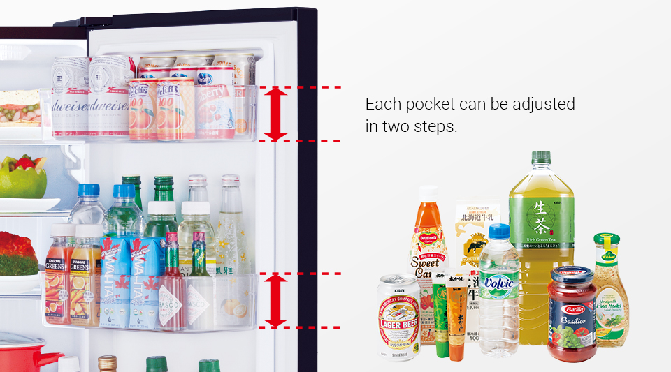 The height of the door pocket can also be conveniently changed, to even store tall bottles.